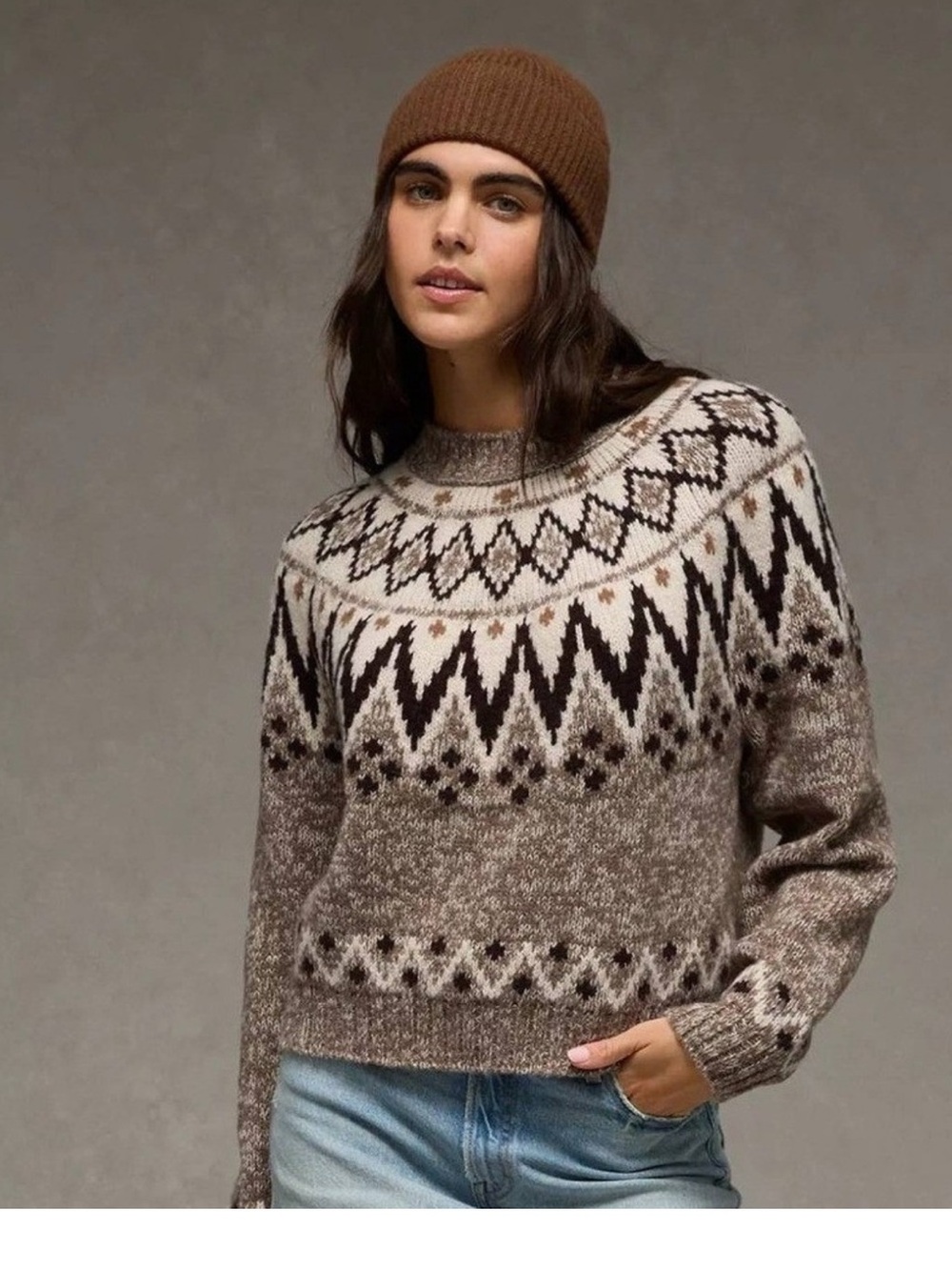 American Eagle Outfitters Brown and Cream Fair Isle Crewneck Sweater